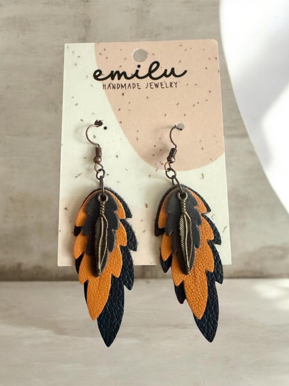 Handmade Multi-Layer Leather Feather Earrings - Textured Navy Orange Black